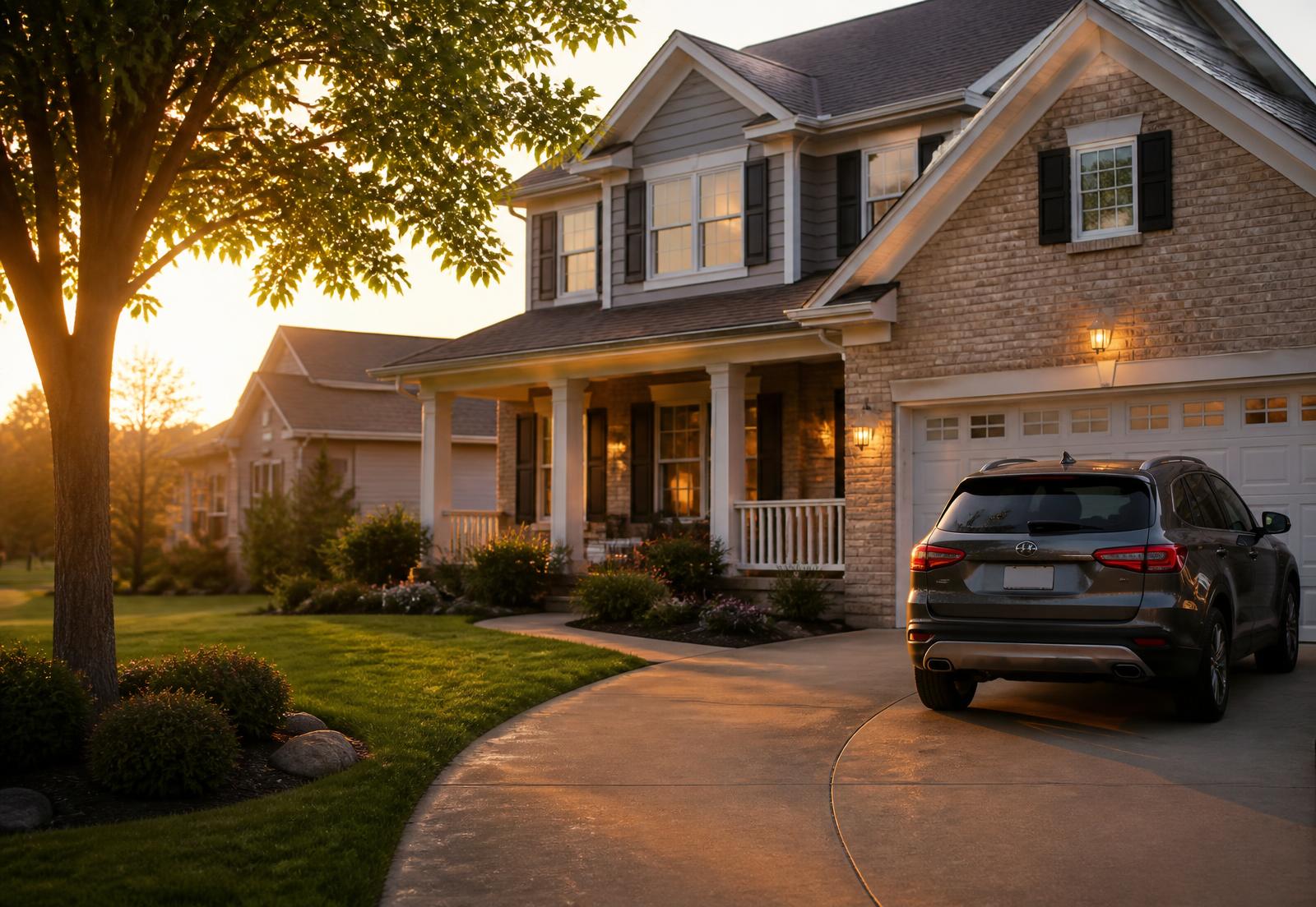 Family home at golden hour with a car in the driveway